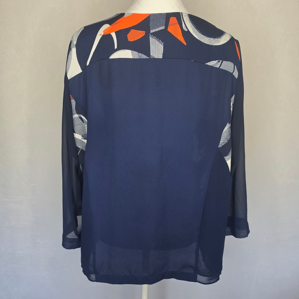 Chicos Navy Abstract Print Asymmetric Zip Blouse Sheer Sleeve size 2 - Picture 3 of 16
